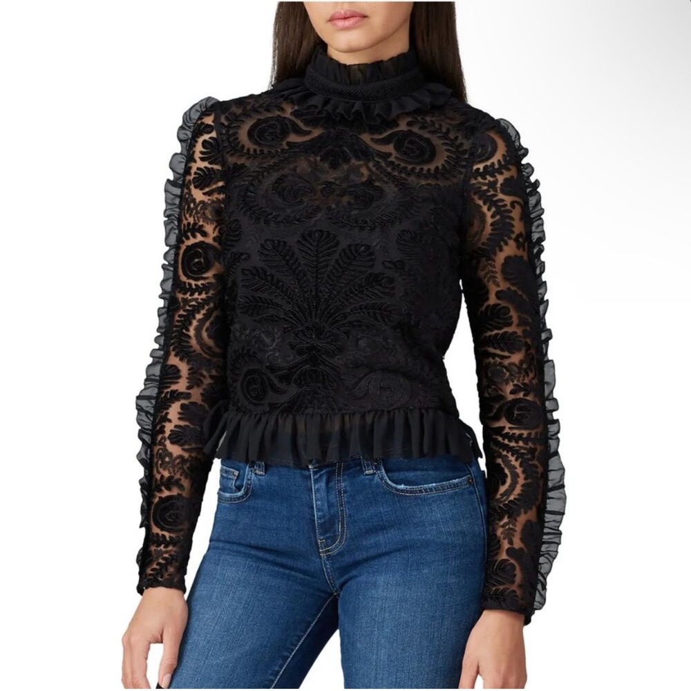 Monique Lhuillier Black Mesh Trim Velvet Blouse - Picture 2 of 5